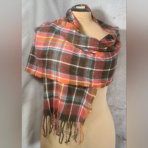 Plaid Scarf Orange Pink Brown Blue Wrap Like New